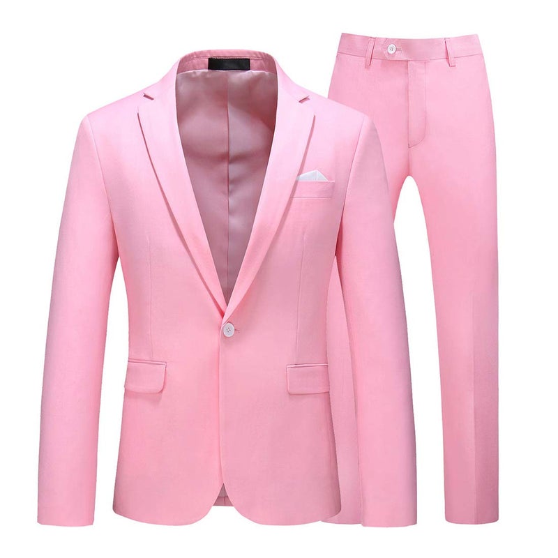 UNINUKOO Mens Suit Slim Fit 1 Button 2 Piece Wedding Party Holiday Solid Color Tux Suits for Men US Size 32 Light Pink - Image 1